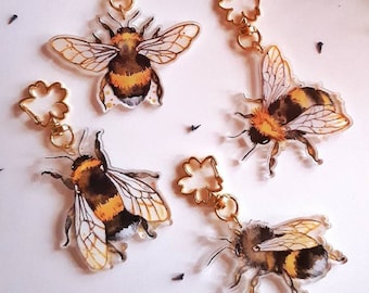 Fluffy Bumblebee Friend Keyrings (100% recycled) | Donates to Bumblebee Conservation | realistic watercolour bee charms for bags purses keys