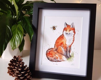 A5 5x8" Art Print: Fox and Bumblebee Watercolour Painting, Signed with mount