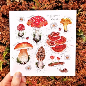 Aan een speciale vriend | Wenskaart Woodland Fungi | op cottagecore op de natuur geïnspireerde verjaardag bedankt