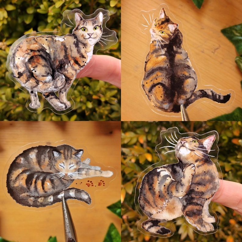 Peut inclure: Quatre autocollants transparents repr&eacute;sentant des illustrations &agrave; l'aquarelle de chats tigr&eacute;s dans diff&eacute;rentes poses. Les chats sont bruns, noirs et blancs avec un motif tachet&eacute;.
