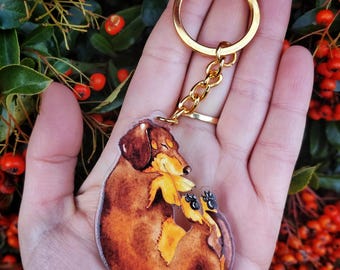 Sleepy Dachshund 2.5" Keyrings - Chocolate brown and tan (100% recycled acrylic) - watercolour cosy sausage dog for bag, purse, keys