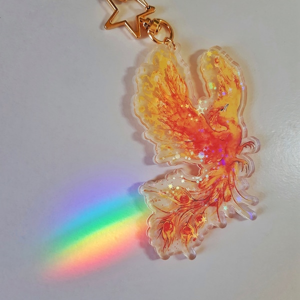 Fiery Phoenix large 3" keyring charms (100% recycled) | sparkly holographic stars | inspired by Fawkes Fantastic Beasts renewal rebirth