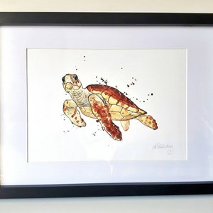 Peut inclure: Une peinture à l'aquarelle d'une tortue de mer nageant dans l'océan. La tortue est brune et jaune sur un fond blanc. La peinture est signée "J. Holliday".