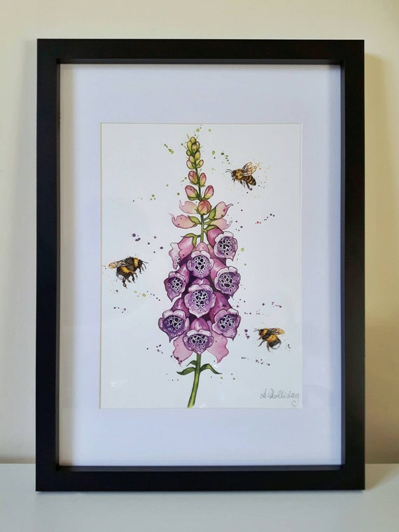 Artcard Bees and Foxgloves Watercolour Print Original art Frammed Picture