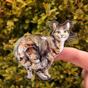 Peut inclure: Une illustration aquarelle d'un chat tigr&eacute; avec des marques brunes, noires et blanches. Le chat regarde directement le spectateur avec une expression amicale. L'illustration est imprim&eacute;e sur un autocollant transparent.
