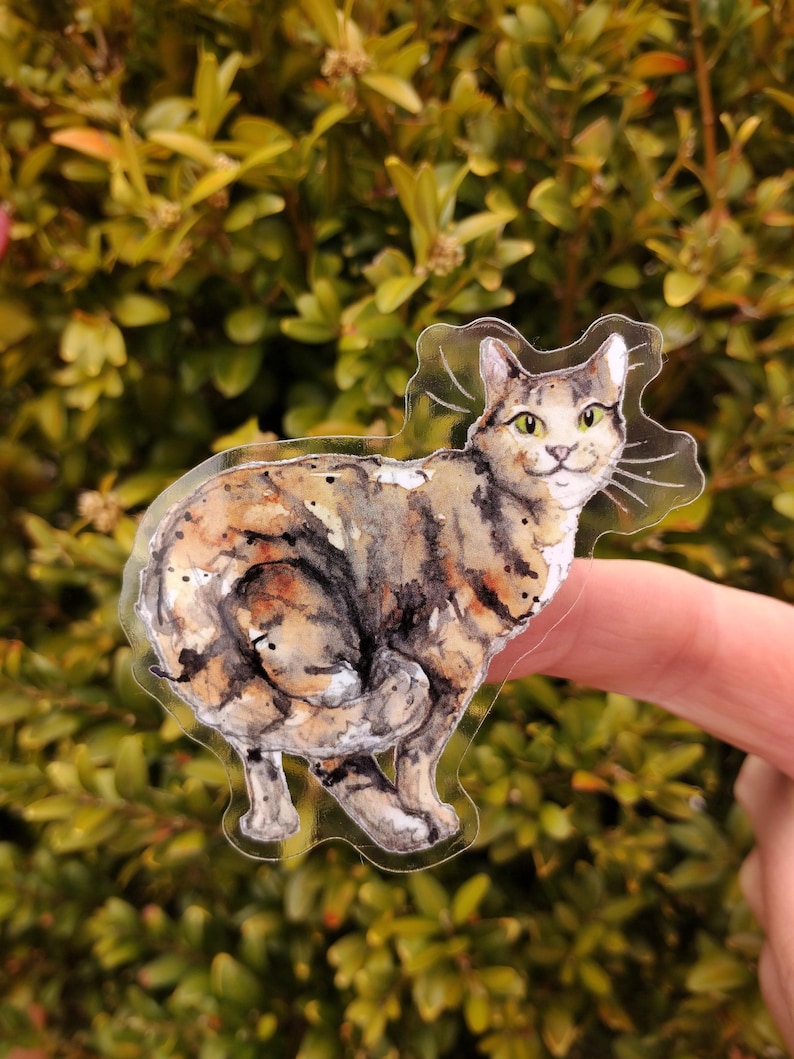 Peut inclure: Une illustration aquarelle d'un chat tigr&eacute; avec des marques brunes, noires et blanches. Le chat regarde directement le spectateur avec une expression amicale. L'illustration est imprim&eacute;e sur un autocollant transparent.