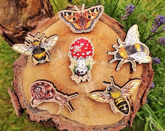Woodland Wildlife 4cm Wooden Pin Badges (Responsibly sourced wood & eco friendly) Nature pins