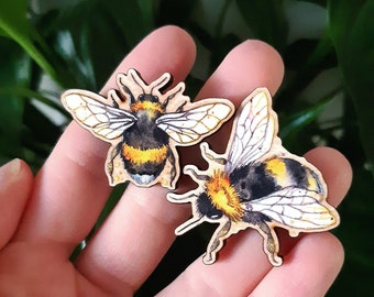 Fluffy Bumblebee 4cm Wooden Pin Badges (Responsibly sourced wood & eco-friendly) bee pins