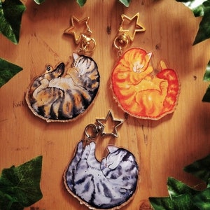 Sleepy Tabby Cats 2.5" Keyrings: Orange, brown, grey (100% recycled acrylic) - watercolour cosy shrimp cat for bag, purse, keys