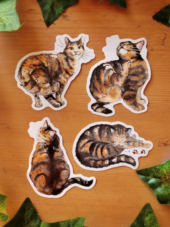 Brown Tabby Cats Sticker Set - 2.5" Clear Vinyl - weatherproof - watercolour art stickers