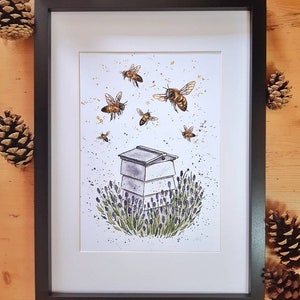 A4 8x12" Art Print: Beehive & Honey Bees from "The Potting Shed" Watercolour painting, Signed | beekeeping beekeeper gardener bee hive gift