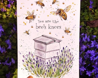 You Are The Bee's Knees | Beehive & Honey Bees large A5 thank you greetings card | beekeeper beekeeping lavender honey bees bee wildflowers