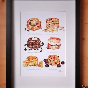 A4 8x12&quot; Art Print: Scone Varieties from &quot;Book of Scones&quot; Watercolour paintings, Signed (100% recycled) | UK British Scones baking food