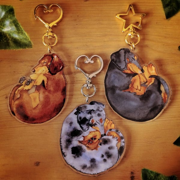 Sleepy Dachshund 2.5" Keyrings - Black, brown, grey (100% recycled acrylic) - watercolour cosy sausage dog for bag, purse, keys