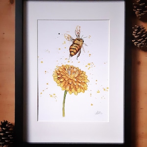 A4 8x12&quot; Art Print: Dandelion & Honey Bee Watercolour illustration from &quot;The Little Book of Bees&quot; (100% Recycled) | wildflowers bees yellow