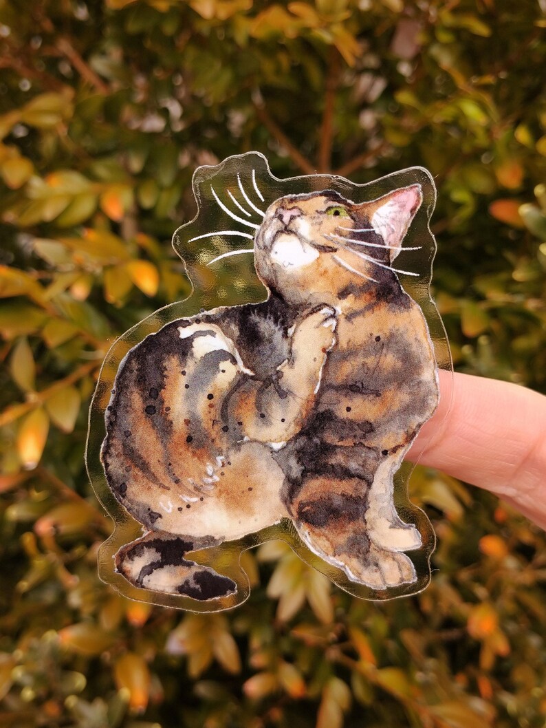 Peut inclure: Un autocollant transparent avec une illustration aquarelle d'un chat tigr&eacute; regardant vers le haut. Le chat est brun, noir et blanc avec un nez brun clair et des yeux verts.