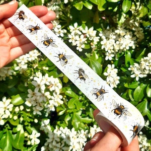 Fluffy Bumblebees Washi Tape - white and yellow - 30mm wide 10m long - paper gift wrap tape - bees cottagecore fairycore