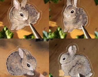 Set of 4 Cute Watercolour Fluffy Baby Bunny Rabbit Stickers - Clear Weatherproof Vinyl