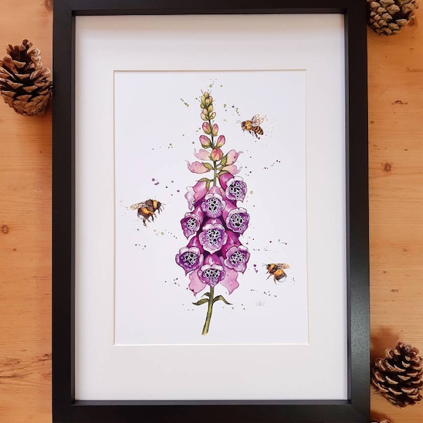 A4 8x12" Art Print: Foxglove & Buzzing Bees Illustration from "The Little Book of Bees" (100% Recycled) Watercolour painting, Signed