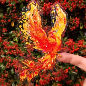 Fiery Phoenix - Sparkle Clear 4.5&quot; Weatherproof Sticker - Realistic Watercolour Fire Bird
