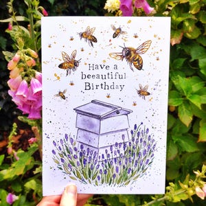 Passez un joyeux anniversaire | Grande carte de voeux A5 5x8" Ruche et abeilles | apiculteur apiculture lavande abeilles abeille fleurs sauvages