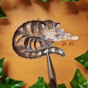 Peut inclure: Un autocollant transparent illustrant une aquarelle d'un chat tabby endormi avec des marques orange, noires et blanches. Le chat est enroul&eacute; en boule avec ses pattes rentr&eacute;es sous son corps. L'autocollant a une bordure blanche et est imprim&eacute; sur un fond transparent.