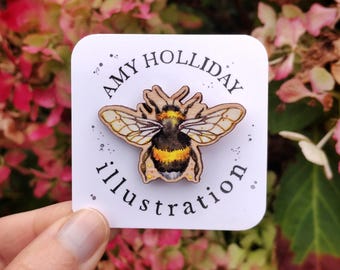 Flying Bumblebee 4cm Wooden Pin Badges (Responsibly sourced wood & eco-friendly) bee pins