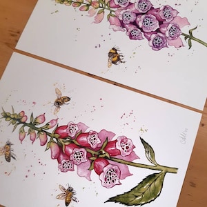 Set of 2 A4 8x12&quot; Art Prints: Pink & Purple Foxgloves and Bees (100% Recycled) Watercolour paintings, Signed
