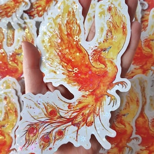 Fiery Phoenix Vinyl Sticker - Holographic Sparkle Stars, Light or Dark - Realistic Watercolour Fire Bird