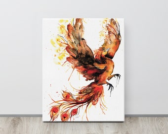 Thin Canvas Print: Dark Smouldering Phoenix Watercolour Painting