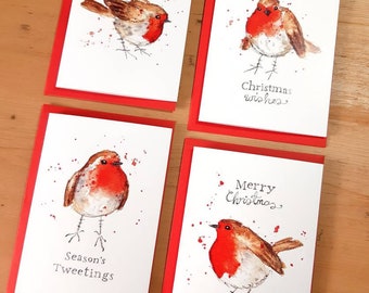 Lots de cartes de Noël A6 Robins mignons et festifs | aquarelle faune hiver saisons salutations mignons adorables drôles oiseau flappy cartes