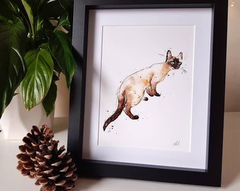 A5 5x8" Art Print: Siamese Kitty Cat Watercolour Painting, Signed with mount | minimalist cat illustration art