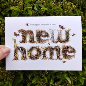 Veel geluk in je nieuwe huis | A6-wenskaart | housewarming verhuizen gefeliciteerd schattig typografietype vogelnest