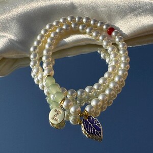 Custom Pearl Bracelet Set Green Aventurine Blue Leaf Charm Initial Gift Double Layer Stack