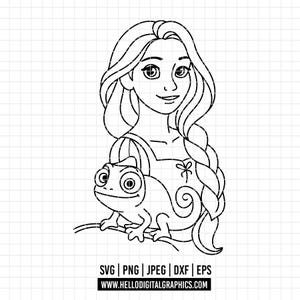 May include: A black and white line art illustration of a young person with long hair in a braid and a small chameleon perched in front. The text at the bottom reads SVG | PNG | JPEG | DXF | EPS and WWW.HELLODIGITALGRAPHICS.COM on a grid background.