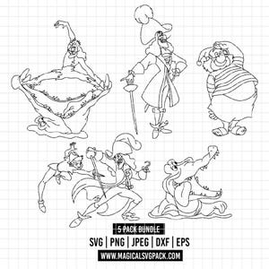 May include: A digital collection of five black and white line art illustrations featuring cartoon characters, including a pirate, a boy, and crocodiles. The text 5 PACK BUNDLE SVG | PNG | JPEG | DXF | EPS and WWW.MAGICALSVGPACK.COM is at the bottom.