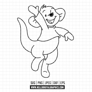 May include: Black and white line art illustration of a cartoon kangaroo with a joyful expression, waving its right hand. The kangaroo is wearing a short-sleeved shirt and has a long tail. The image includes file type information and a website address.