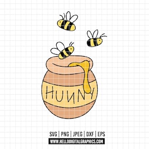 Pode incluir: Ilustração digital de um pote de mel com a palavra "HUNNY" e três abelhas de desenho animado. O pote de mel é castanho claro com um rótulo amarelo e mel pingando. As abelhas são amarelas e pretas.