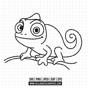 May include: A black and white line art illustration of a chameleon perched on a branch. The design features large, expressive eyes and a curled tail. Below the graphic, the text reads SVG | PNG | JPEG | DXF | EPS and HELLODIGITALGRAPHICS.COM.