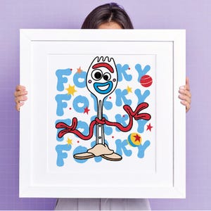 May include: A framed print featuring a cartoon character made from a white fork with a red ribbon, arms, and a smiling face. The word "Forky" is repeated in blue letters. Colorful stars and a ball are also included in the design.
