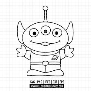May include: A black and white line drawing of a three-eyed alien character with a smiling face. The alien has a small antenna, large ears, and is wearing a uniform with a planet emblem. The image includes file type information and a website address.