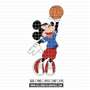 May include: A cartoon illustration of a mouse in a blue shirt and red shorts, playing basketball. The mouse is holding a basketball above its head, with a smile on its face. The image includes the text "SVG | PNG | JPEG | DXF | EPS" and "WWW.HELLODIGITALGRAPHICS.COM".