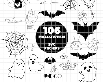 6100 - Pacote de SVG e PNG de Halloween | 106 Clipart de Fantasma, Morcego, Aranha, Teia de Aranha e Bruxa | Arquivos de Corte para a Temporada Assustadora | Download Instantâneo para Cricut