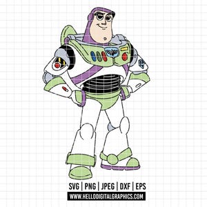 Può includere: Un'illustrazione vettoriale di Buzz Lightyear di Toy Story. Il personaggio è raffigurato nella sua tuta spaziale bianca, verde, viola e nera, con le braccia incrociate. L'immagine include informazioni sul tipo di file e un indirizzo web.
