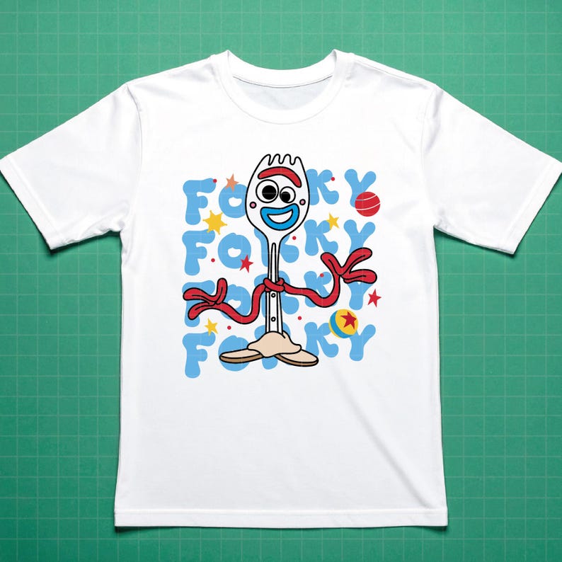 May include: White t-shirt featuring a cartoon image of Forky from Toy Story. The design includes Forky's face, arms, and legs, with the word "Forky" in blue letters. Red, yellow, and blue accents complete the design.
