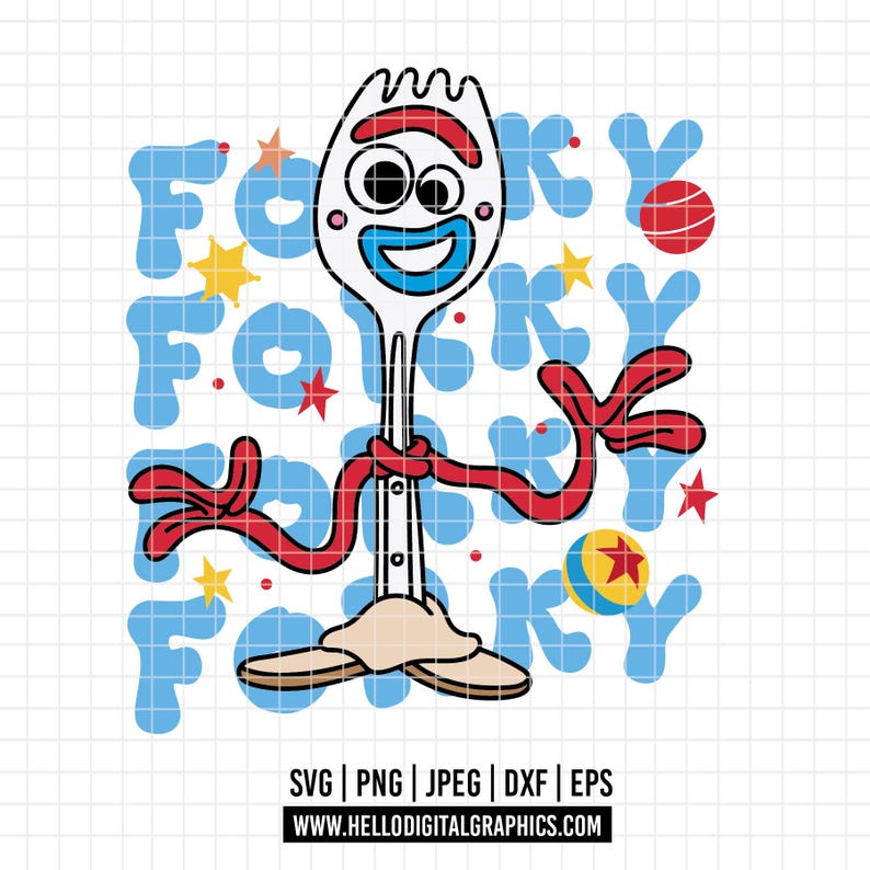 May include: A cartoon illustration of Forky from Toy Story. Forky is a white fork with a red mouth, eyebrows, and arms, and a blue mouth. The word "Forky" is written in blue letters around the character, with stars and a ball.