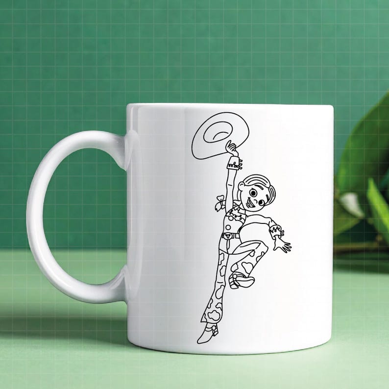 May include: White ceramic mug featuring a black line drawing of a cartoon character in a cowgirl outfit, holding a hat above their head. The mug has a curved handle and a glossy finish. The design is centered on the mug's surface.