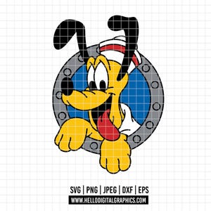 Puede incluir: Ilustración de dibujos animados de un perro amarillo con orejas negras y lengua roja, asomándose por una portilla gris. El perro lleva un gorro de marinero blanco con una raya roja. Incluye el texto "SVG | PNG | JPEG | DXF | EPS" y una dirección web.