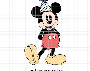 5331 - Mickey e seu chapéu de aniversário dtf colorido em SVG, EPS, PNG, DXF e JPEG. Aniversário da Disney, festa do Mickey dtf