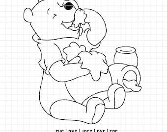 4888 - くまのプーさんと蜂蜜の壺の線画（SVG、EPS、PNG、DXF、JPEG）。ディズニー風くまのプーさん DTF